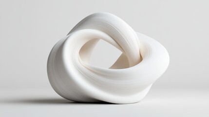 A white sculpture of a knot is sitting on a white surface