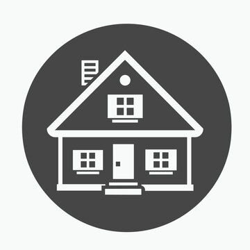 recommend clip art: Simple illustration of a house with a pitched roof and chimney in a dark circular background.