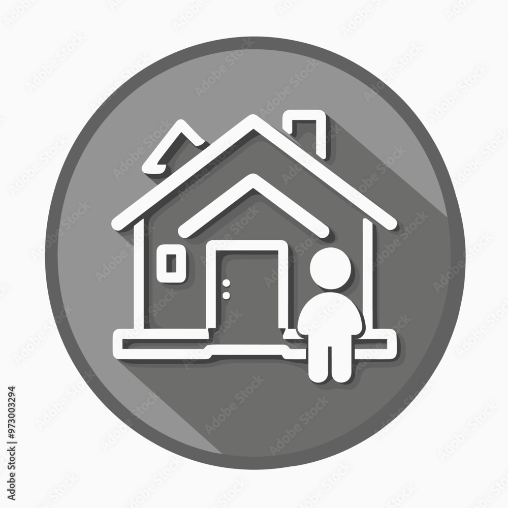 Poster minimalist icon of a house with a person standing next to it, featuring simple lines and a gray back