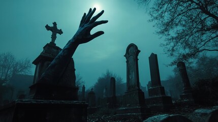 Fototapeta premium A creepy hand reaching out from a grave in a moonlit cemetery, with fog surrounding the scene