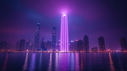 Night skyline with purple beams symbolizing awareness.