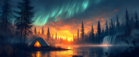 Tent site, nature and waterfall, Northern lights in the sky, Generative AI fantasy anime style
