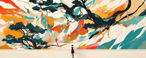 Fototapeta premium Surreal forest landscape with large abstract planet