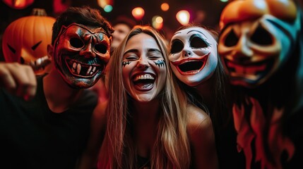 A group of friends at a Halloween party, each wearing different spooky masks, laughing together
