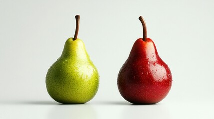 Two green and red pears are shown side by side