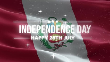 Peru Independence Day, Happy July 28 Lettering text animation, waving flag background, fireworks
