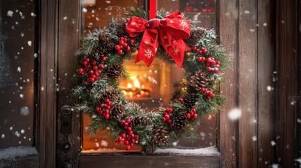 Rustic wooden door with a festive Christmas wreath, glowing fireplace visible inside, snow falling gently outside creating a warm, inviting holiday atmosphere. Christmas, New Year