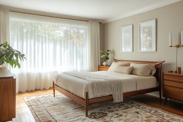 A mid-century modern interior photo of a country house bedroom with an art frame hanging and fluffy bed. Generative AI
