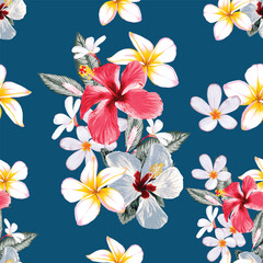 Aloha Seamless pattern Hibiscusand frangipani flowers abstract background.Vector illustration dry watercolor hand drawing stlye.Fabric textile design texitle