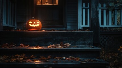 Obraz premium A lonely pumpkin glowing brightly on the steps of a dark porch, with fallen leaves scattered around