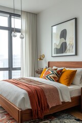 A mid-century modern interior photo of a country house bedroom with an art frame hanging and fluffy bed. Generative AI
