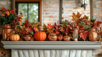An elegantly decorated mantle showcasing copper pumpkins, vibrant autumn leaves, and decorative lanterns, creating a warm and inviting seasonal ambiance perfect for the fall.