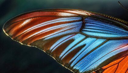  a close up of a butterfly wing's with blue and orange colors on it's wings