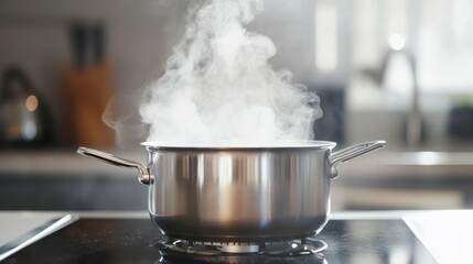 A close-up of a stainless steel pot boiling water on a modern stovetop, with steam rising, set against a clean kitchen backdrop.