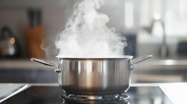 A close-up of a stainless steel pot boiling water on a modern stovetop, with steam rising, set against a clean kitchen backdrop.