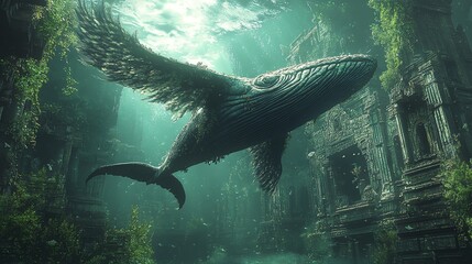 Fototapeta premium Enchanted whale with wings made of feathers, gliding above an ancient temple covered in vines, serene, spiritual, fantasy and mythology blend