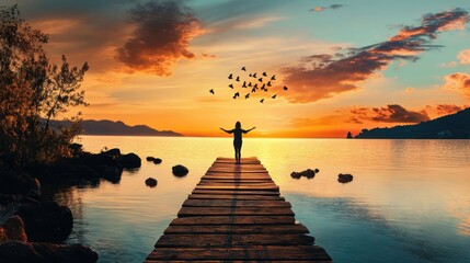 A woman stands on a pier overlooking a body of water
