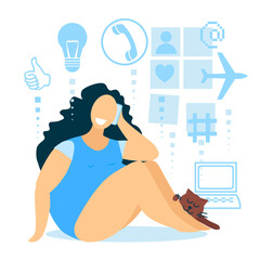 Businesswoman chubby European, full of ideas, thoughts, work at home. Social network. Hand drawn sketch vector illustration