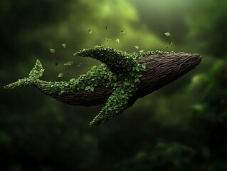 Obraz premium Forest whale, a creature made of bark and leaves, soaring through a magical forest canopy, blending with the landscape, fantasy nature fusion