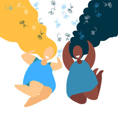 Two chubby women enjoy life. Positive emotions. A celebration. International Women's Day. Hand drawn sketch vector illustration