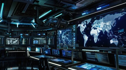 Futuristic Control Room with Monitors Displaying World Map