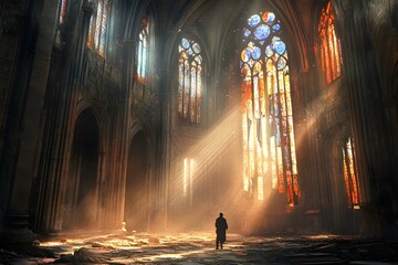 A lone person stands in the middle of an ancient, ruined cathedral, the once-grand architecture now crumbling with age