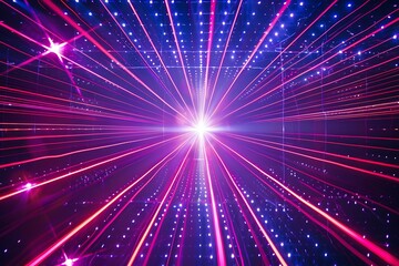Naklejka premium Purple laser beams on black background like shooting future rays. Bright light shining through the darkness, 3d Render, Blue purple light line through dark background, hyper speed warp in space, 