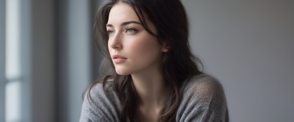 Fototapeta premium Contemplative young woman with long dark hair sitting by window,