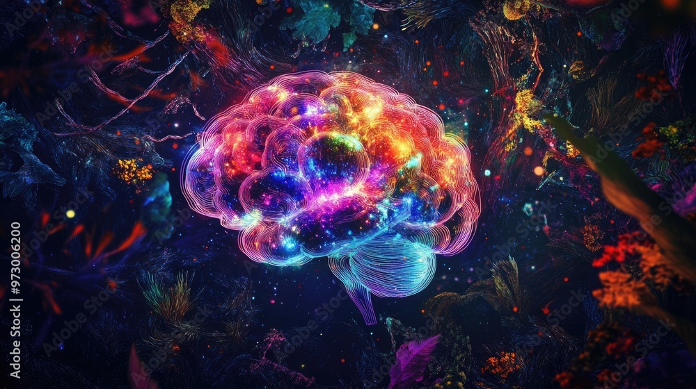 Poster abstract digital brain glowing with bright lights and surrounded by colorful patterns, set against a