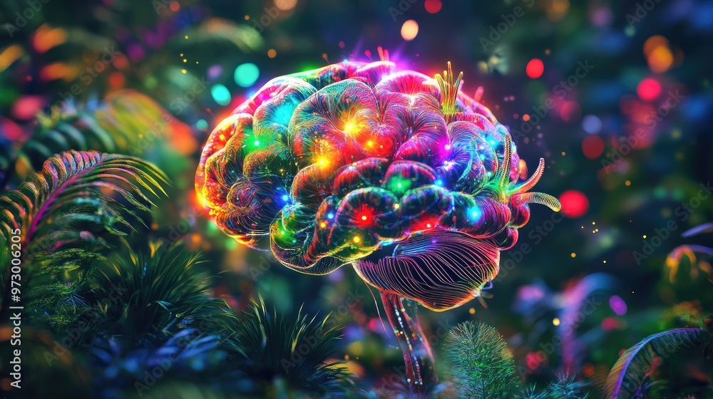 Poster abstract digital brain glowing with bright lights and surrounded by colorful patterns, set against a
