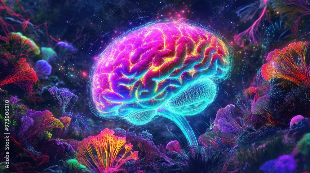Poster abstract digital brain glowing with bright lights and surrounded by colorful patterns, set against a