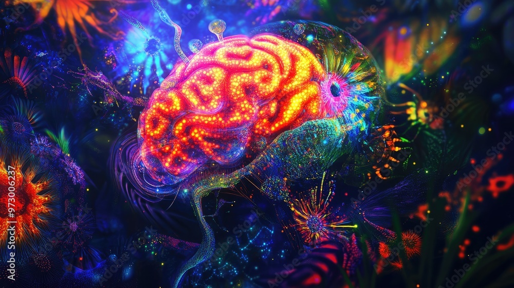 Aufkleber abstract digital brain glowing with bright lights and surrounded by colorful patterns, set against a