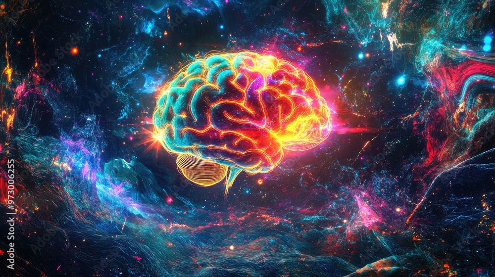 Poster abstract digital brain glowing with bright lights and surrounded by colorful patterns, set against a