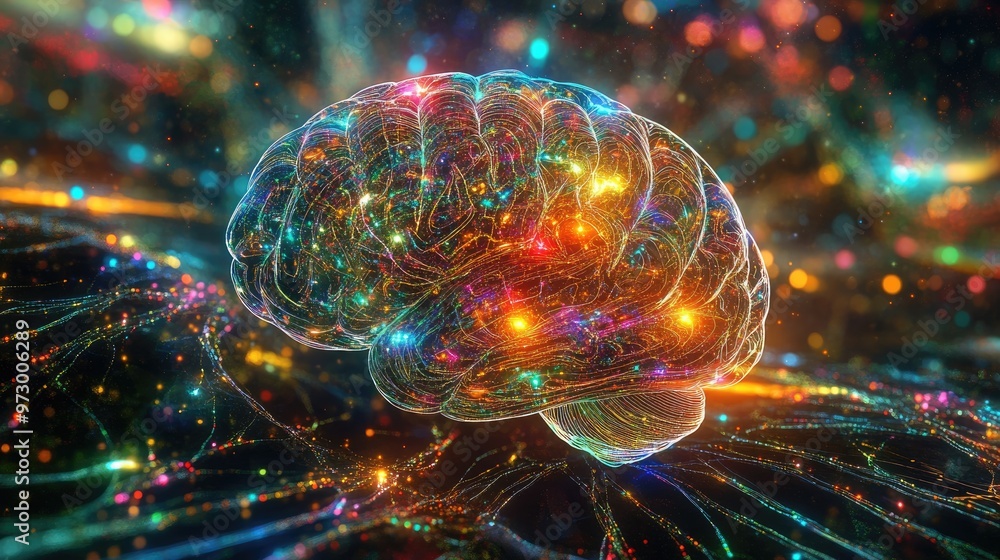 Poster abstract digital brain glowing with bright lights and surrounded by colorful patterns, set against a
