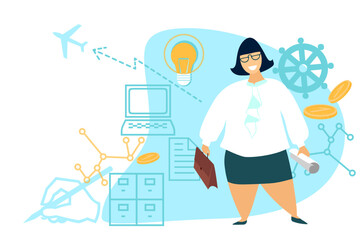 Business chubby European woman working at home, office. Hand drawn sketch vector illustration