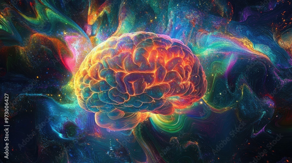 Aufkleber abstract digital brain glowing with bright lights and surrounded by colorful patterns, set against a