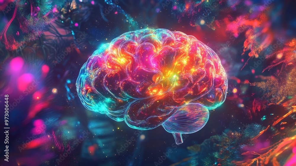 Aufkleber abstract digital brain glowing with bright lights and surrounded by colorful patterns, set against a