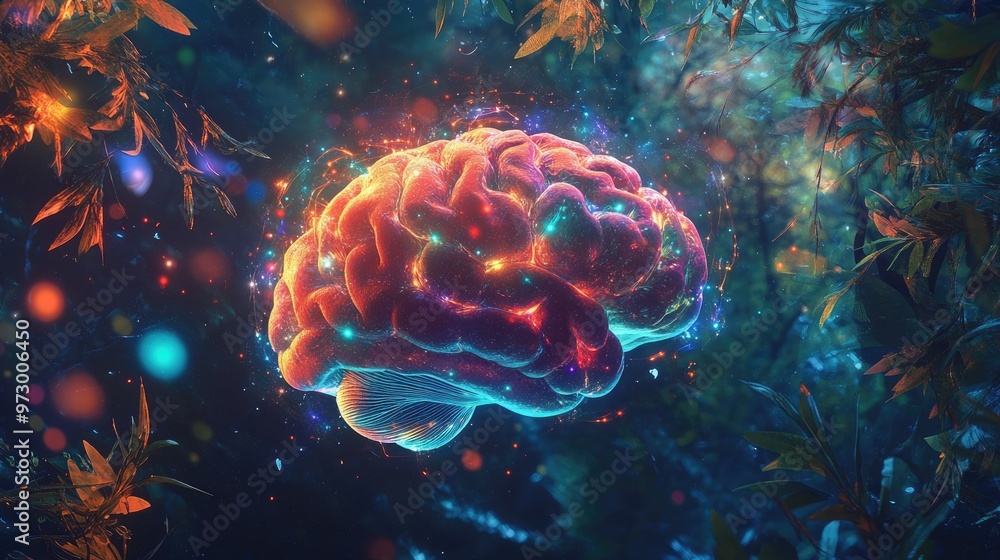 Poster abstract digital brain glowing with bright lights and surrounded by colorful patterns, set against a