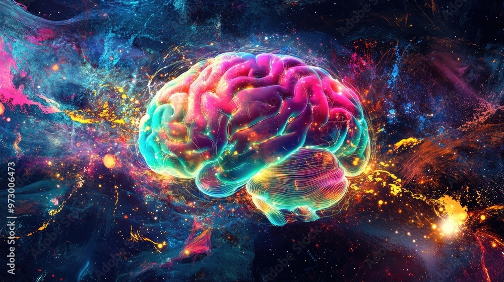 Poster abstract digital brain glowing with bright lights and surrounded by colorful patterns, set against a