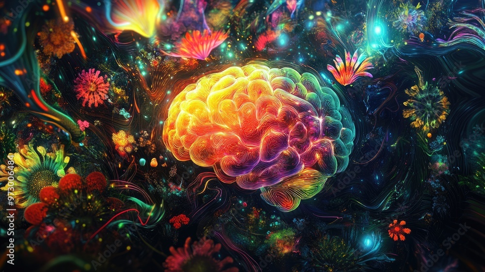 Aufkleber abstract digital brain glowing with bright lights and surrounded by colorful patterns, set against a