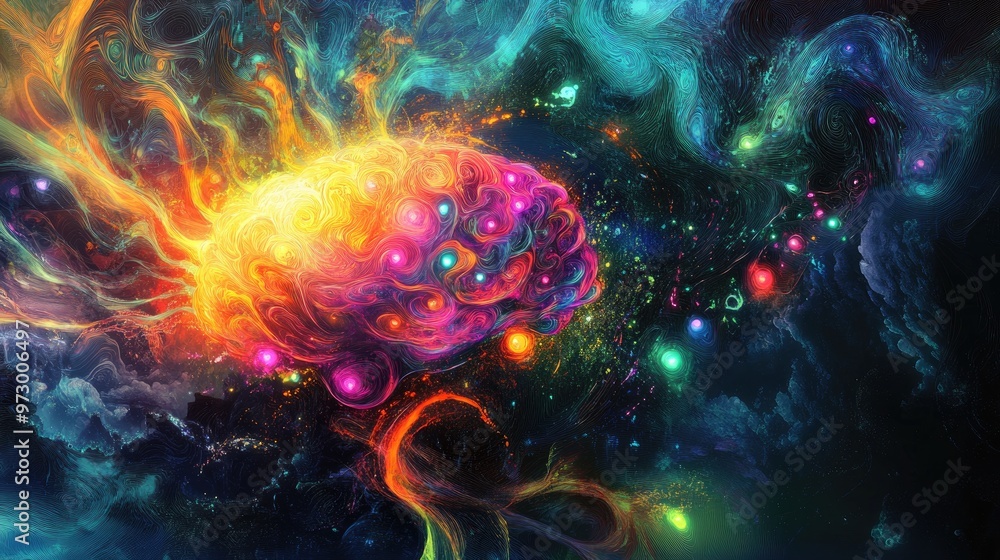 Aufkleber abstract digital brain glowing with bright lights and surrounded by colorful patterns, set against a