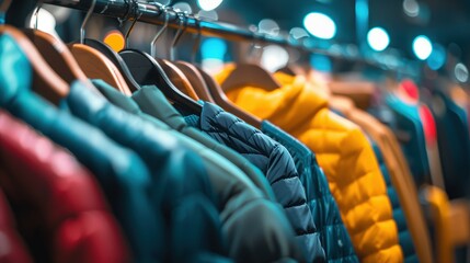 Fototapeta premium Colorful jackets on a clothing rack in a store with blurred background. Fashionable outerwear on display.