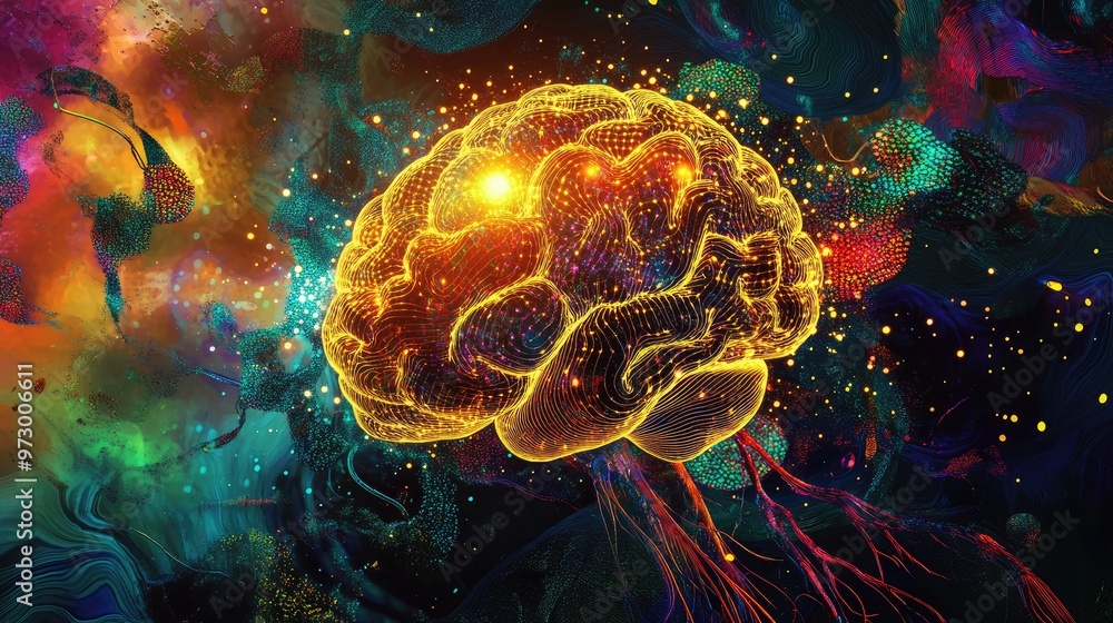 Poster abstract digital brain glowing with bright lights and surrounded by colorful patterns, set against a