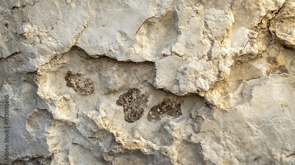 Poster close-up texture of weathered rock with cracks and patches of darker material