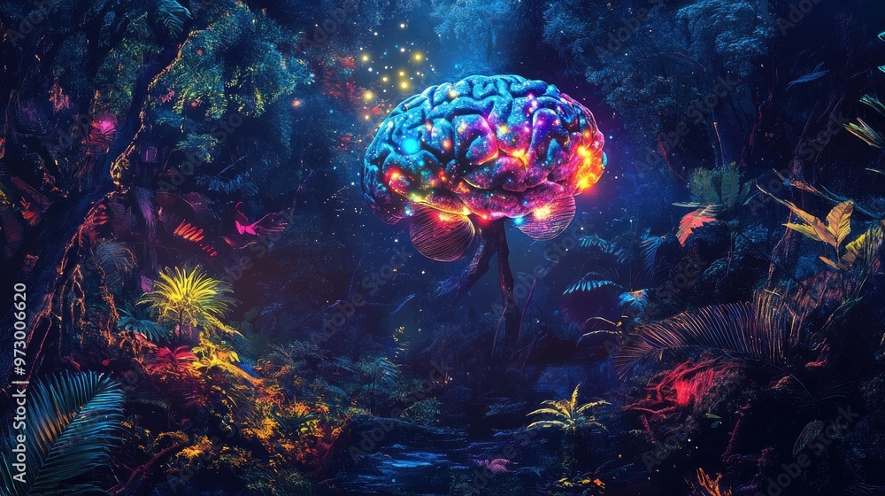 Poster abstract digital brain glowing with bright lights and surrounded by colorful patterns, set against a