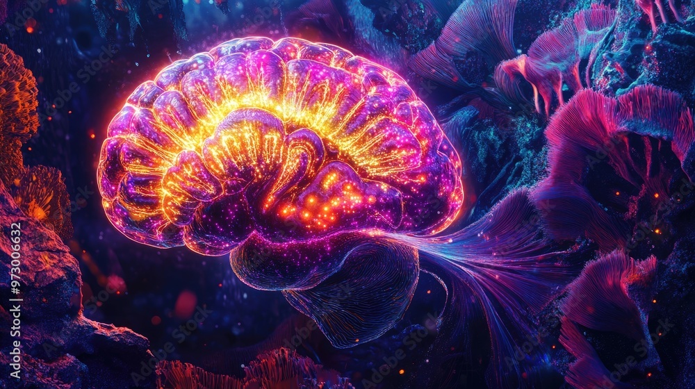 Poster abstract digital brain glowing with bright lights and surrounded by colorful patterns, set against a