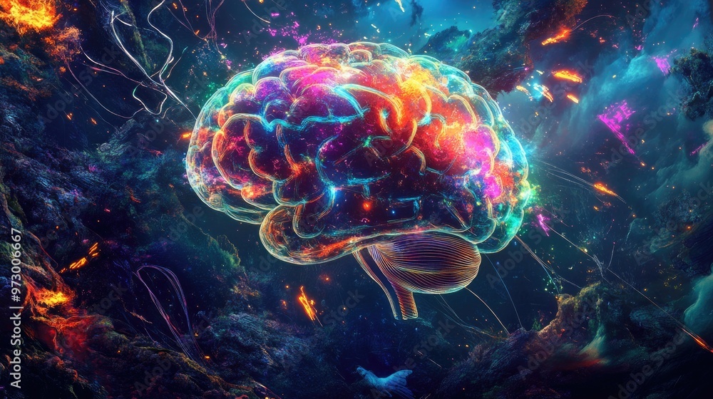Poster abstract digital brain glowing with bright lights and surrounded by colorful patterns, set against a