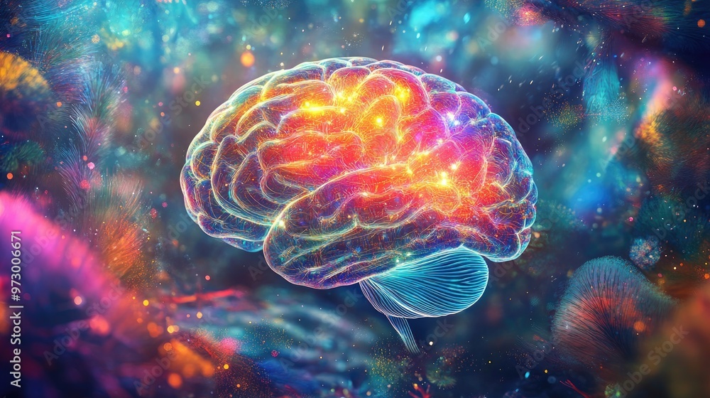 Poster abstract digital brain glowing with bright lights and surrounded by colorful patterns, set against a