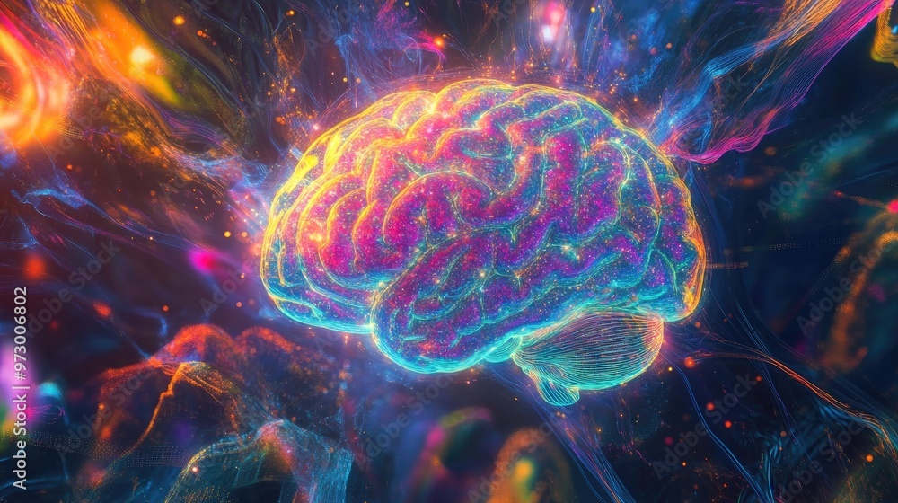 Poster abstract digital brain glowing with bright lights and surrounded by colorful patterns, set against a