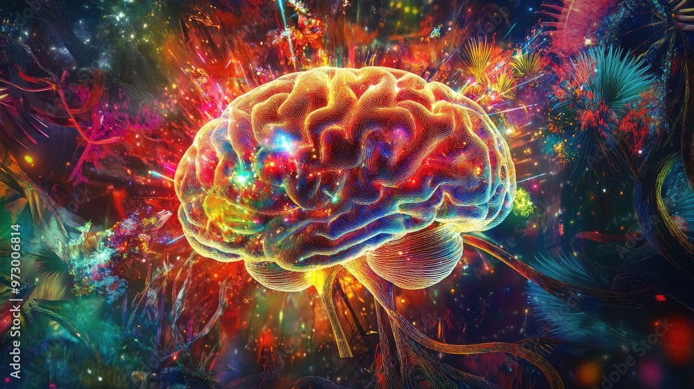 Poster abstract digital brain glowing with bright lights and surrounded by colorful patterns, set against a